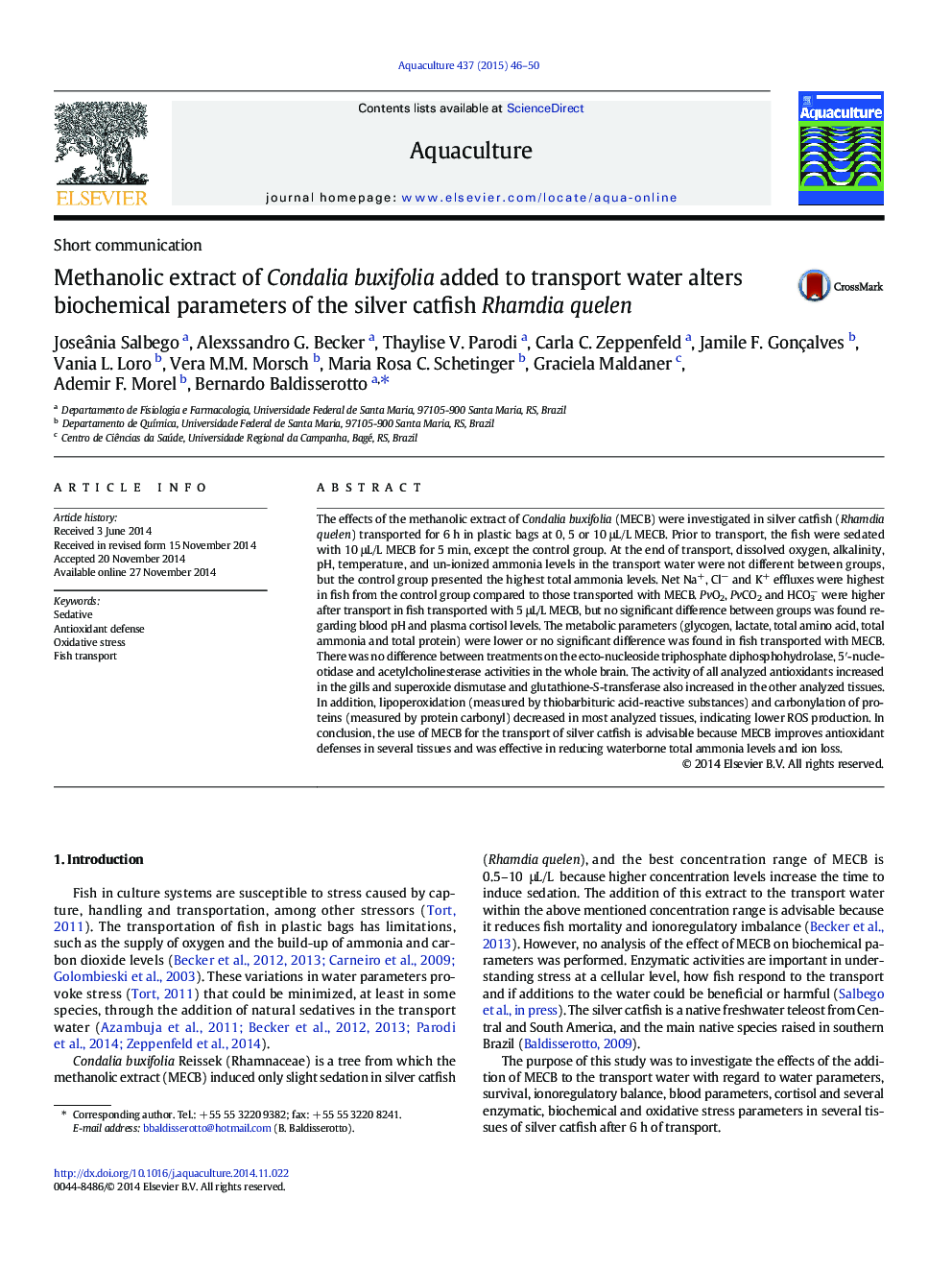 Methanolic extract of Condalia buxifolia added to transport water alters biochemical parameters of the silver catfish Rhamdia quelen