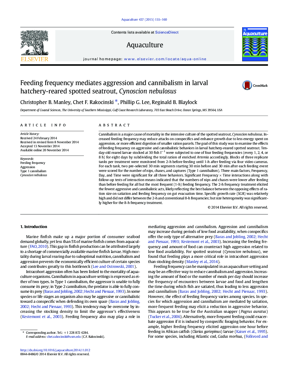 Feeding frequency mediates aggression and cannibalism in larval hatchery-reared spotted seatrout, Cynoscion nebulosus