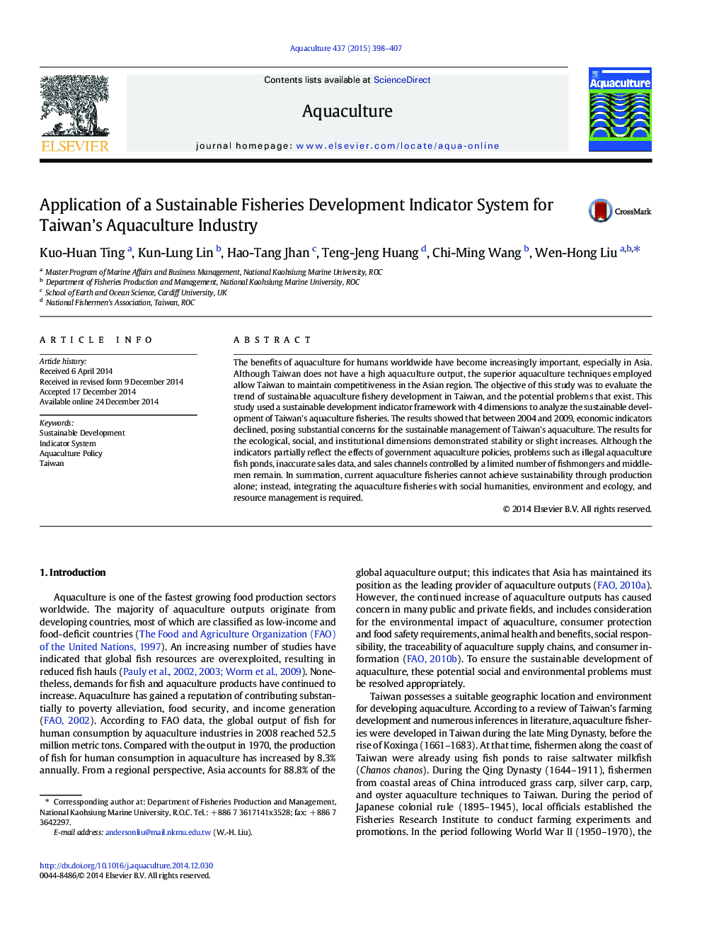 Application of a Sustainable Fisheries Development Indicator System for Taiwan's Aquaculture Industry