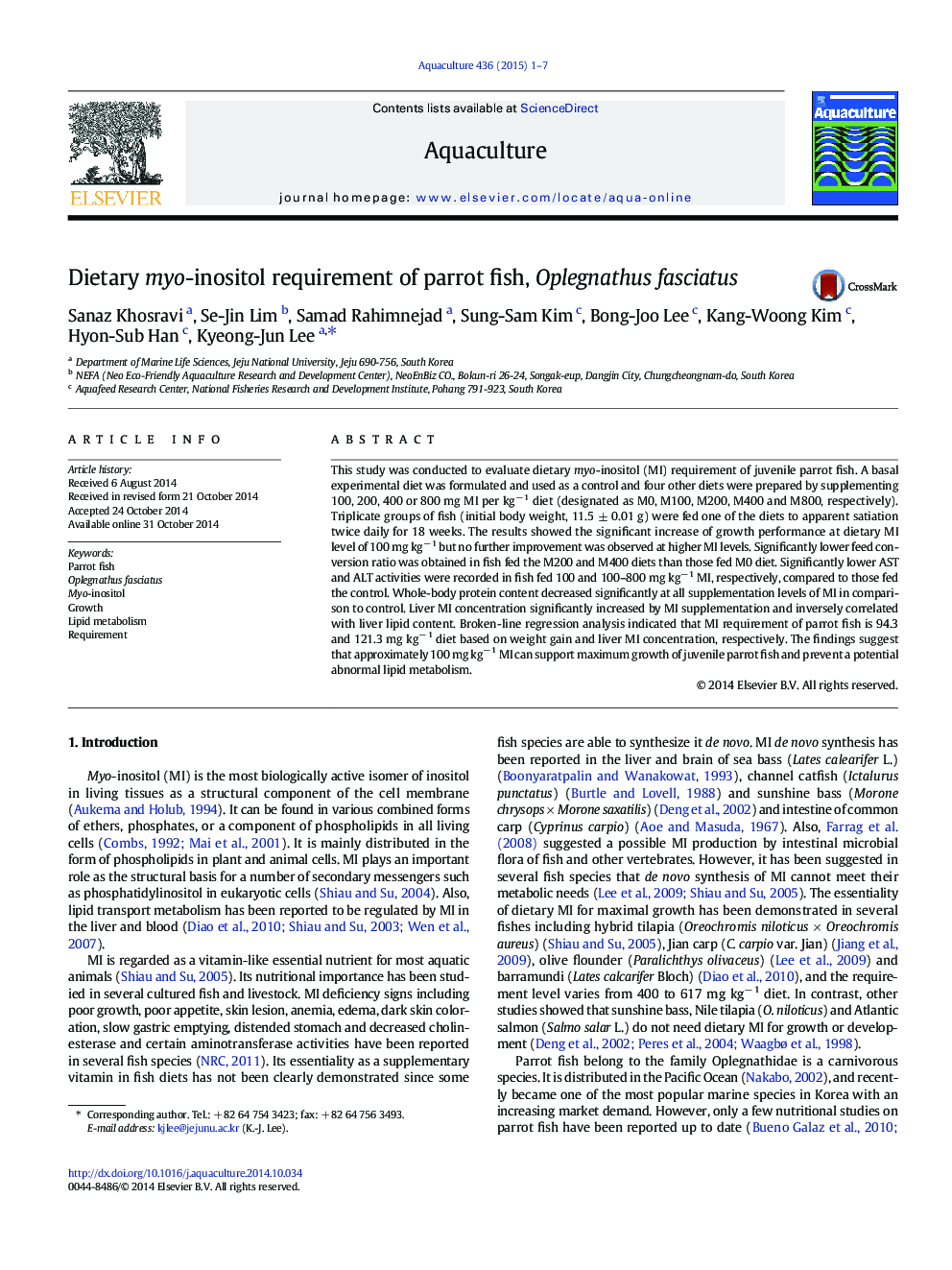 Dietary myo-inositol requirement of parrot fish, Oplegnathus fasciatus