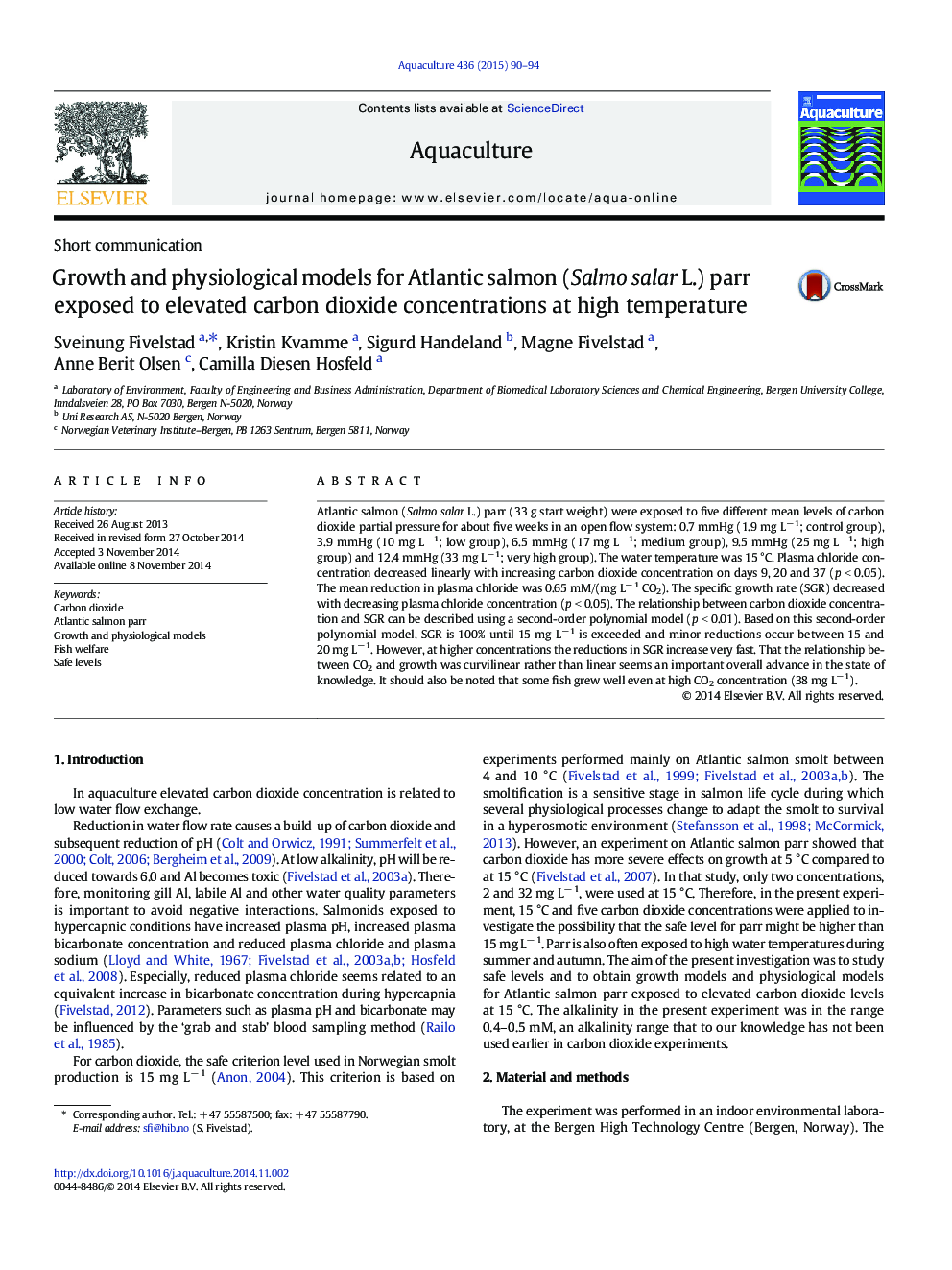 Growth and physiological models for Atlantic salmon (Salmo salar L.) parr exposed to elevated carbon dioxide concentrations at high temperature