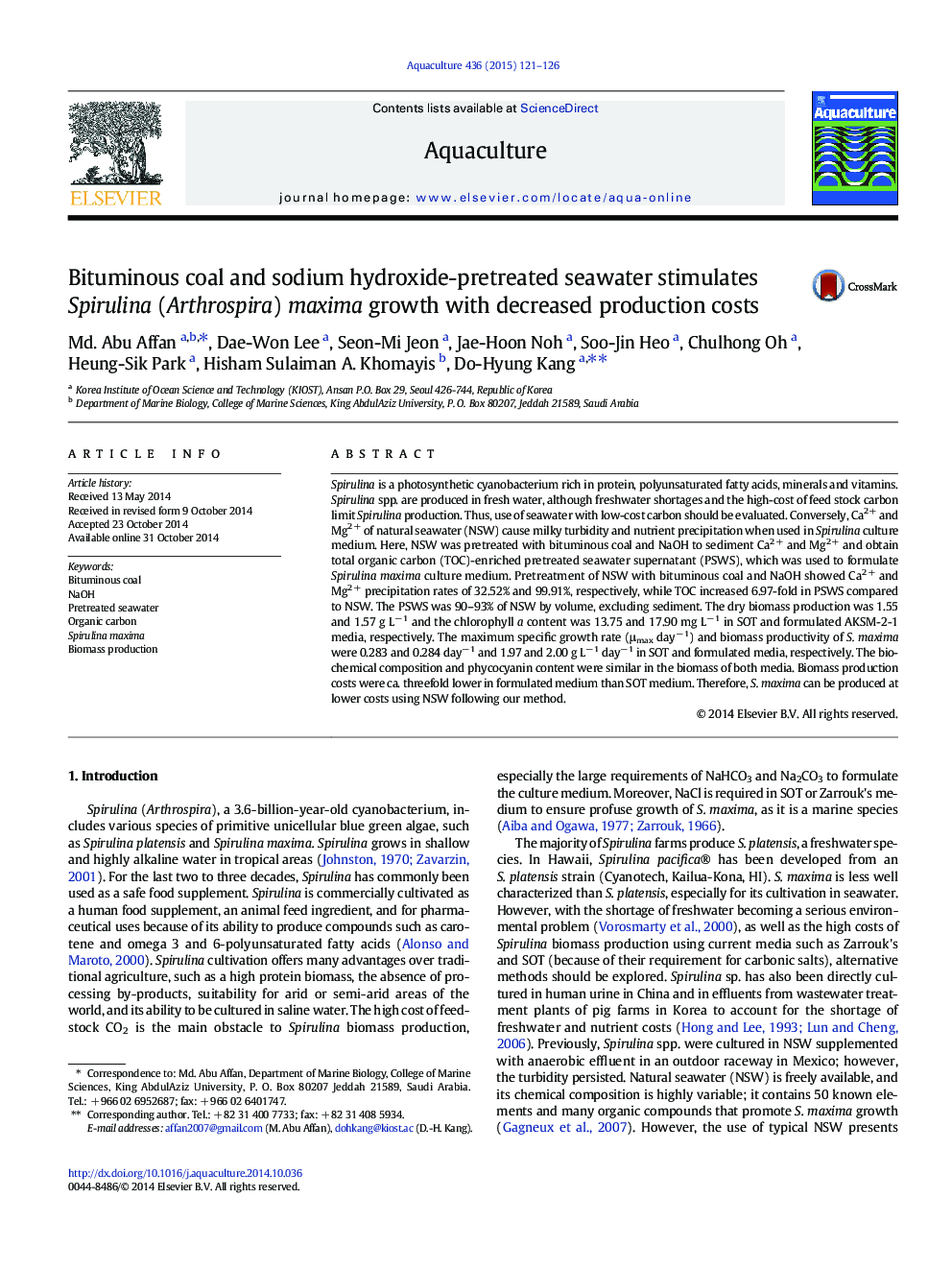 Bituminous coal and sodium hydroxide-pretreated seawater stimulates Spirulina (Arthrospira) maxima growth with decreased production costs