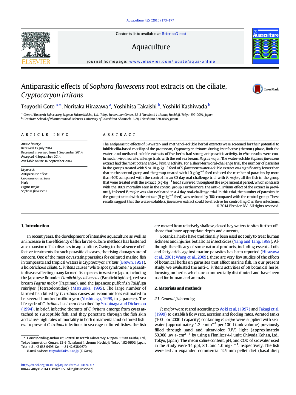 Antiparasitic effects of Sophora flavescens root extracts on the ciliate, Cryptocaryon irritans