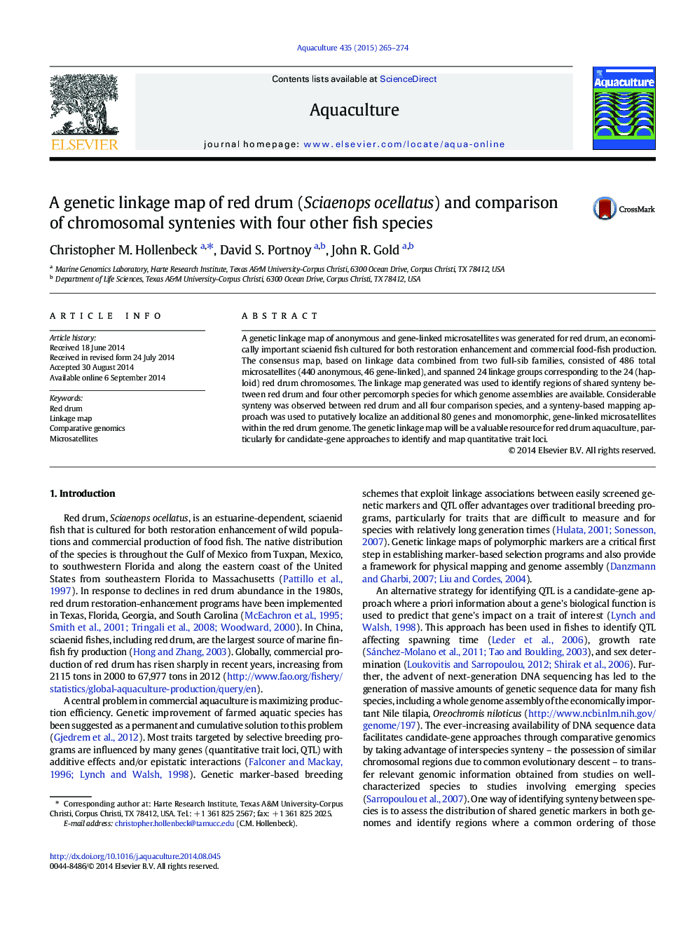 A genetic linkage map of red drum (Sciaenops ocellatus) and comparison of chromosomal syntenies with four other fish species