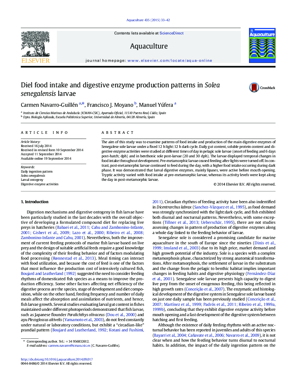 Diel food intake and digestive enzyme production patterns in Solea senegalensis larvae