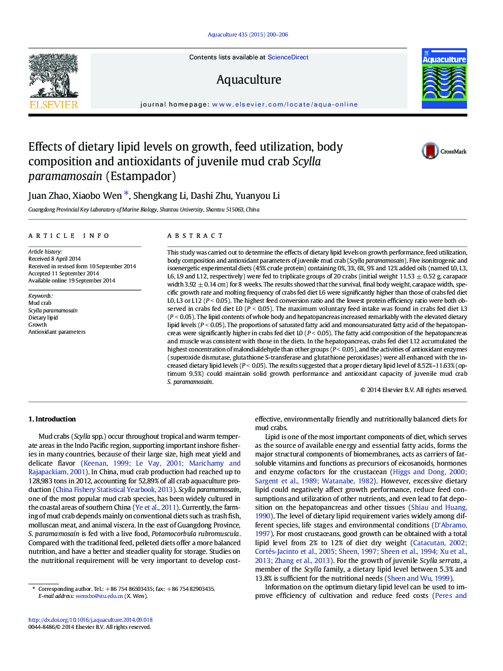 Effects of dietary lipid levels on growth, feed utilization, body composition and antioxidants of juvenile mud crab Scylla paramamosain (Estampador)