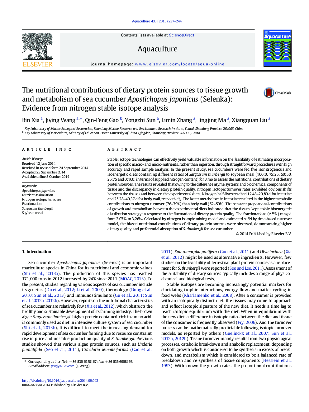 The nutritional contributions of dietary protein sources to tissue growth and metabolism of sea cucumber Apostichopus japonicus (Selenka): Evidence from nitrogen stable isotope analysis