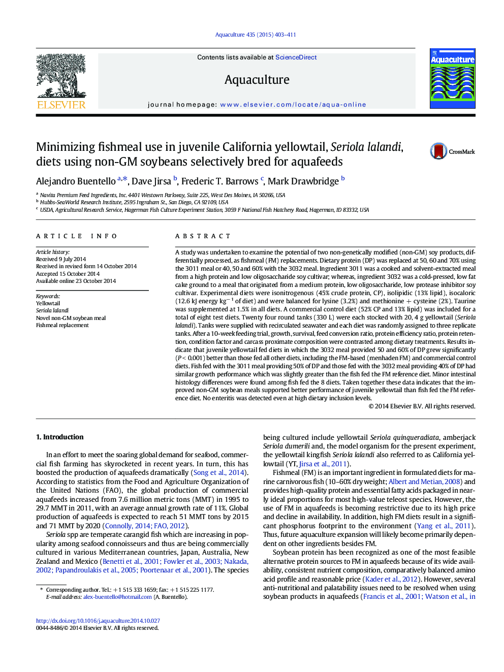 Minimizing fishmeal use in juvenile California yellowtail, Seriola lalandi, diets using non-GM soybeans selectively bred for aquafeeds