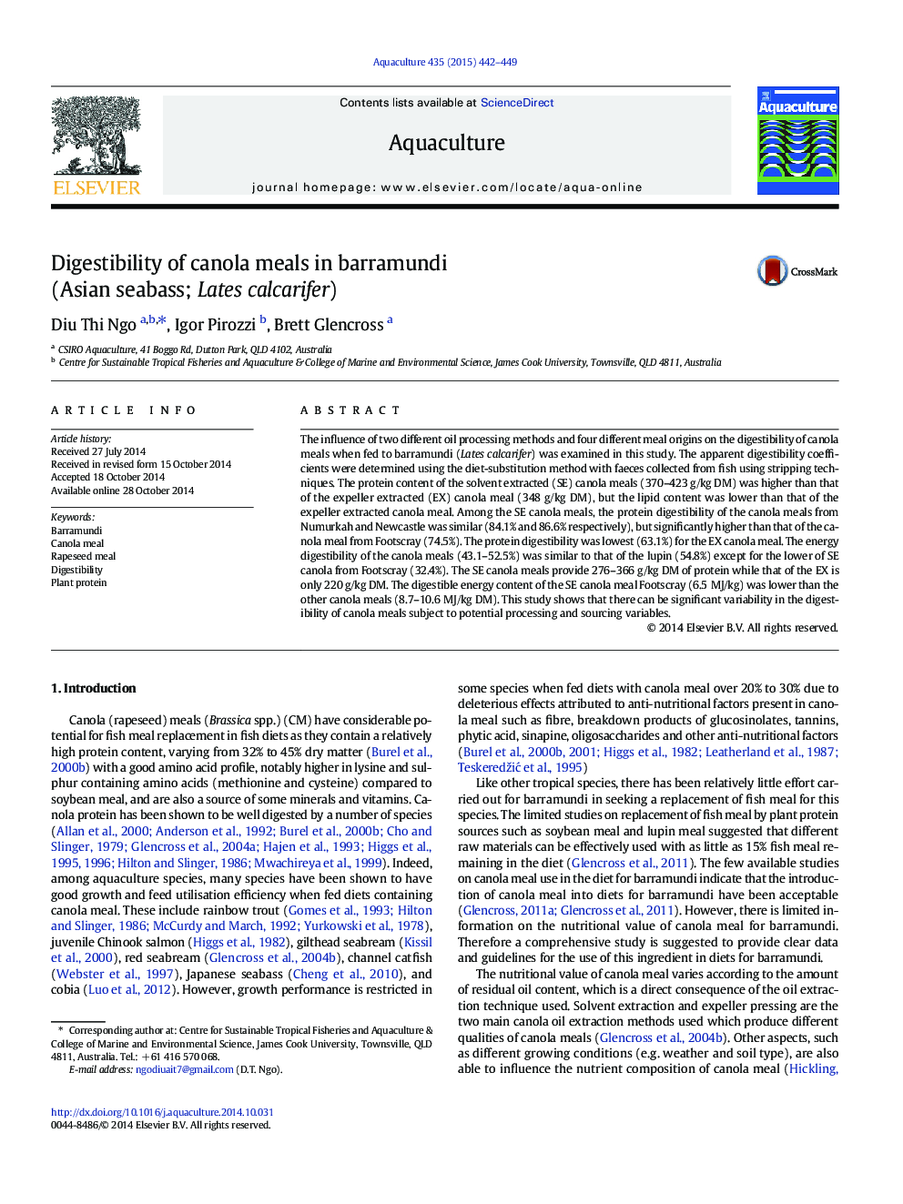 Digestibility of canola meals in barramundi (Asian seabass; Lates calcarifer)