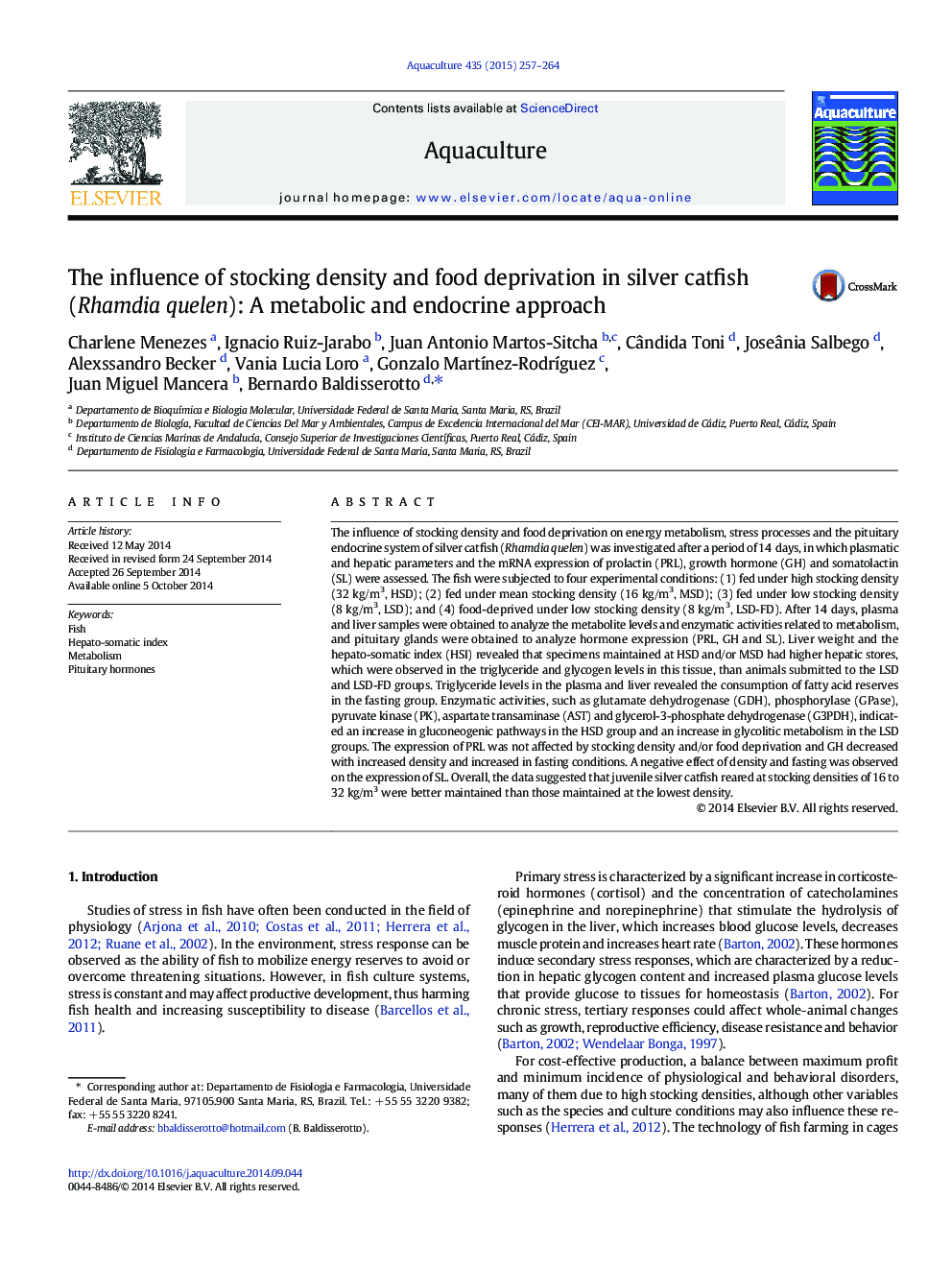 The influence of stocking density and food deprivation in silver catfish (Rhamdia quelen): A metabolic and endocrine approach