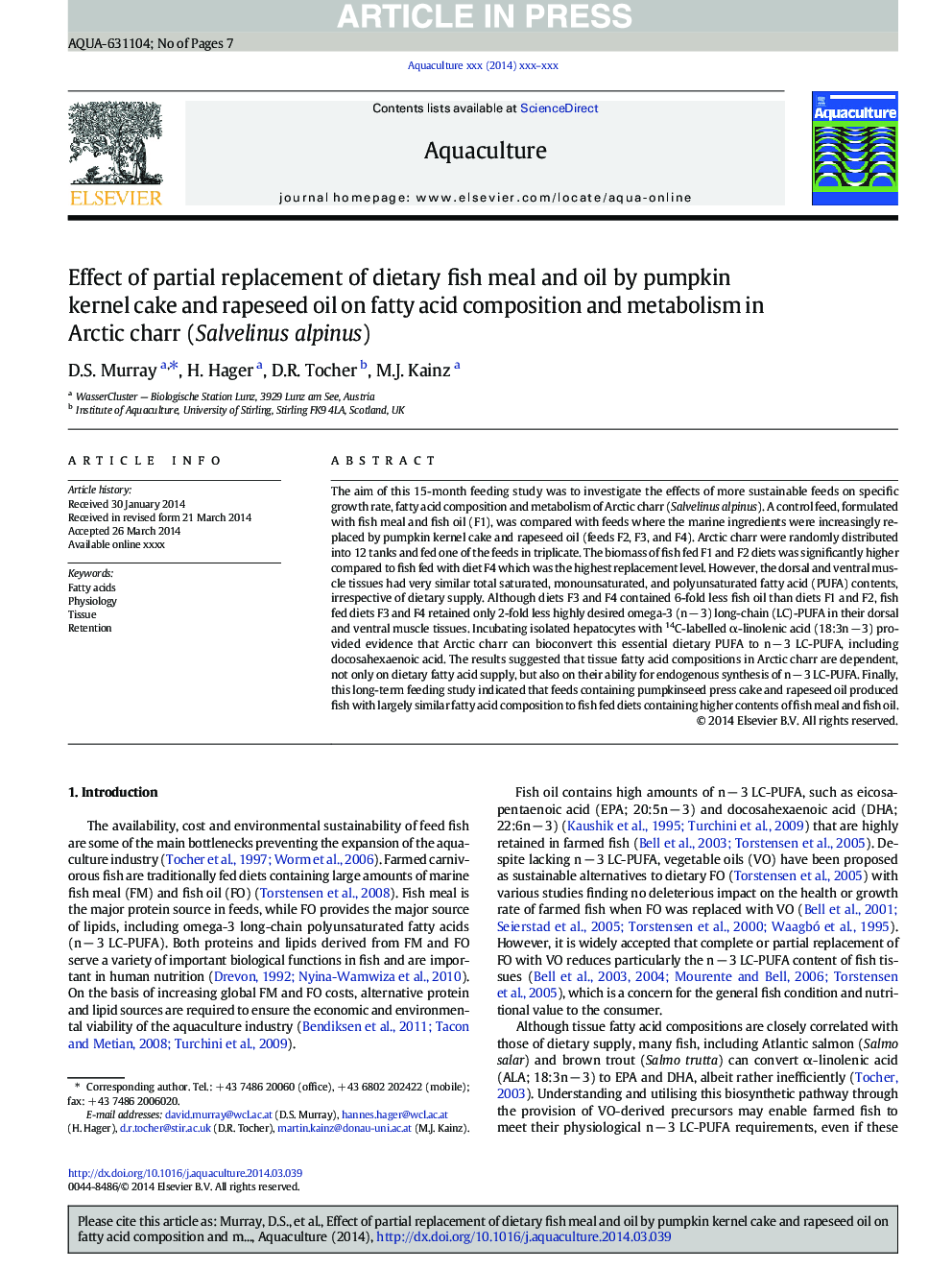 Effect of partial replacement of dietary fish meal and oil by pumpkin kernel cake and rapeseed oil on fatty acid composition and metabolism in Arctic charr (Salvelinus alpinus)