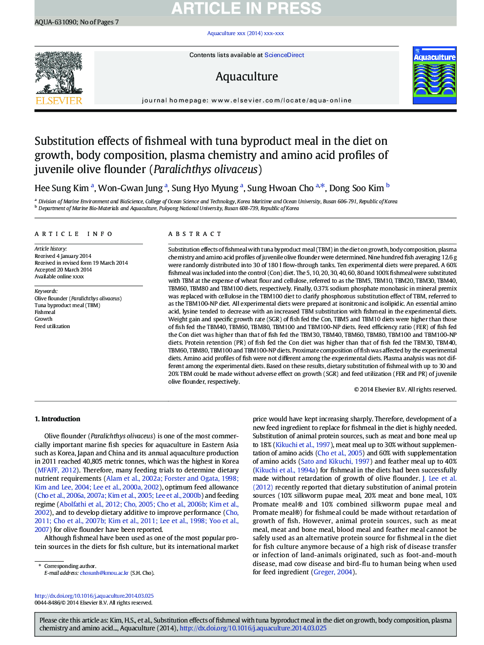 Substitution effects of fishmeal with tuna byproduct meal in the diet on growth, body composition, plasma chemistry and amino acid profiles of juvenile olive flounder (Paralichthys olivaceus)