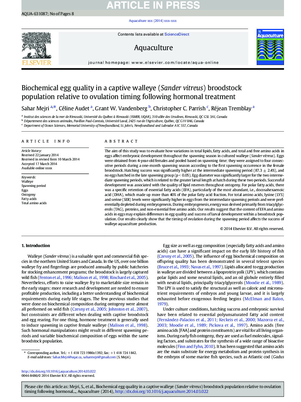 Biochemical egg quality in a captive walleye (Sander vitreus) broodstock population relative to ovulation timing following hormonal treatment