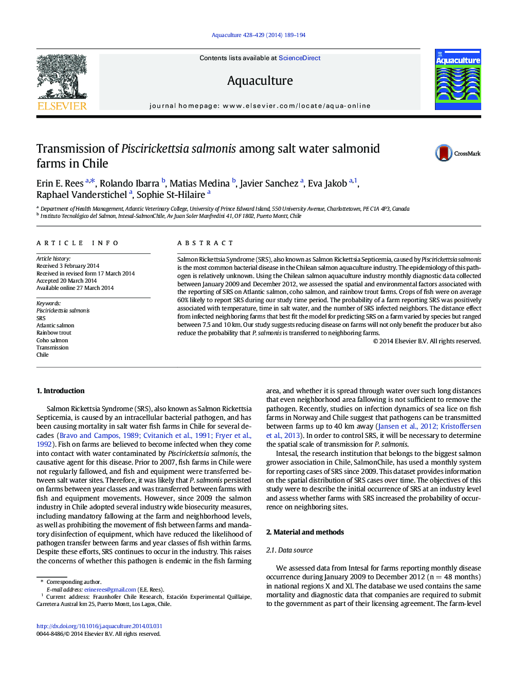 Transmission of Piscirickettsia salmonis among salt water salmonid farms in Chile