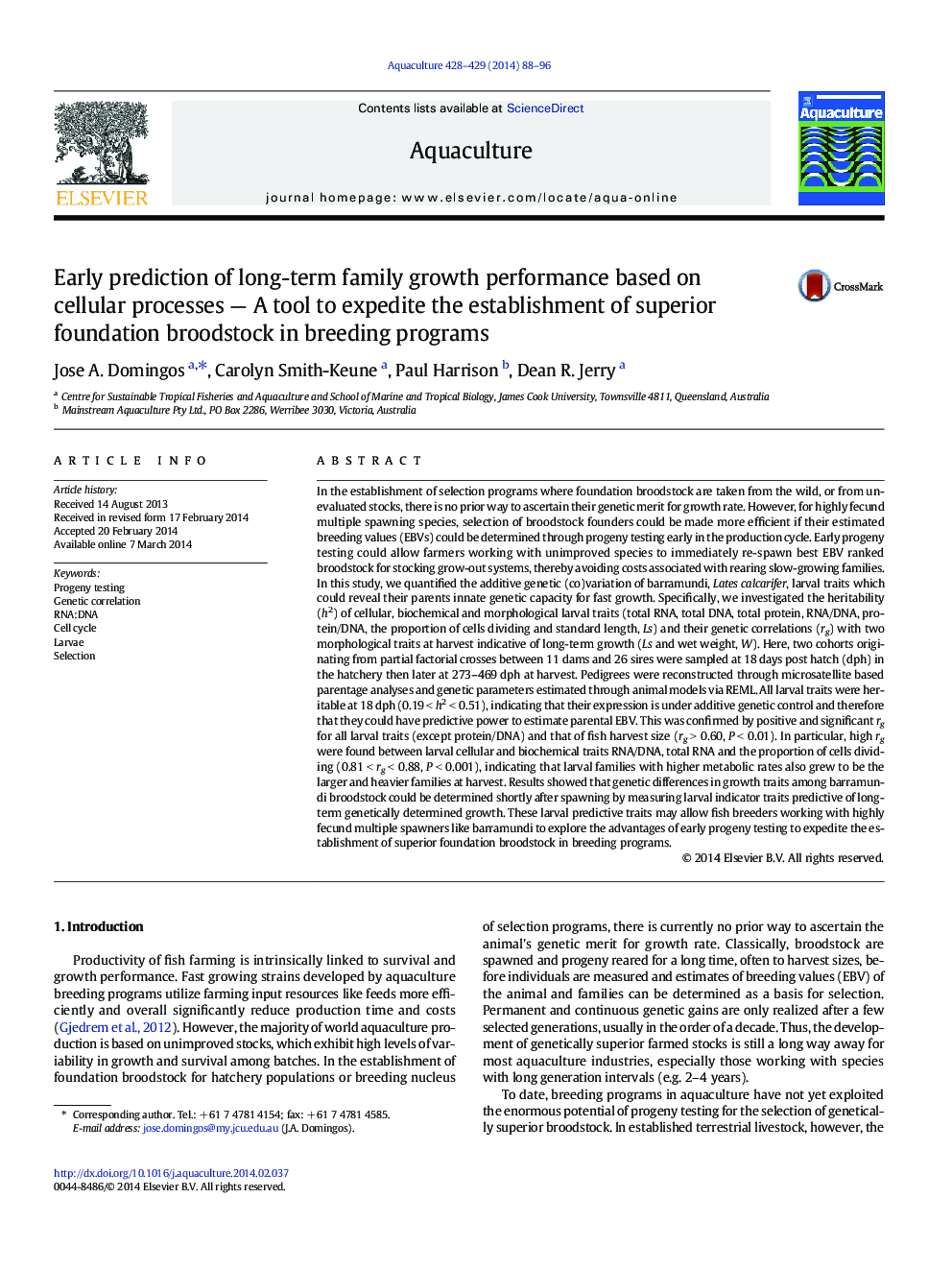 Early prediction of long-term family growth performance based on cellular processes - A tool to expedite the establishment of superior foundation broodstock in breeding programs