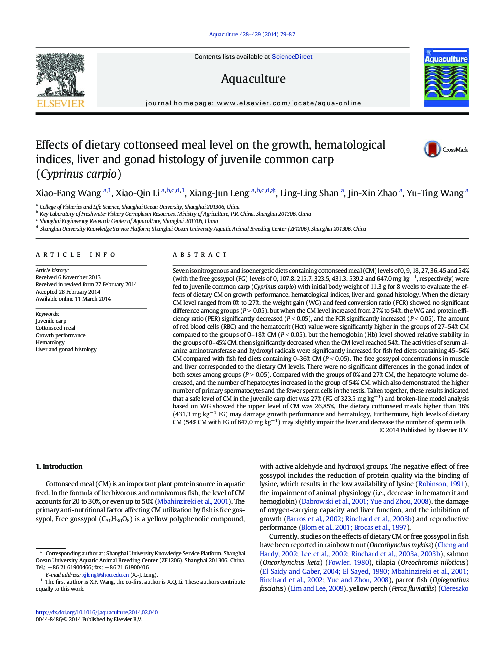 Effects of dietary cottonseed meal level on the growth, hematological indices, liver and gonad histology of juvenile common carp (Cyprinus carpio)