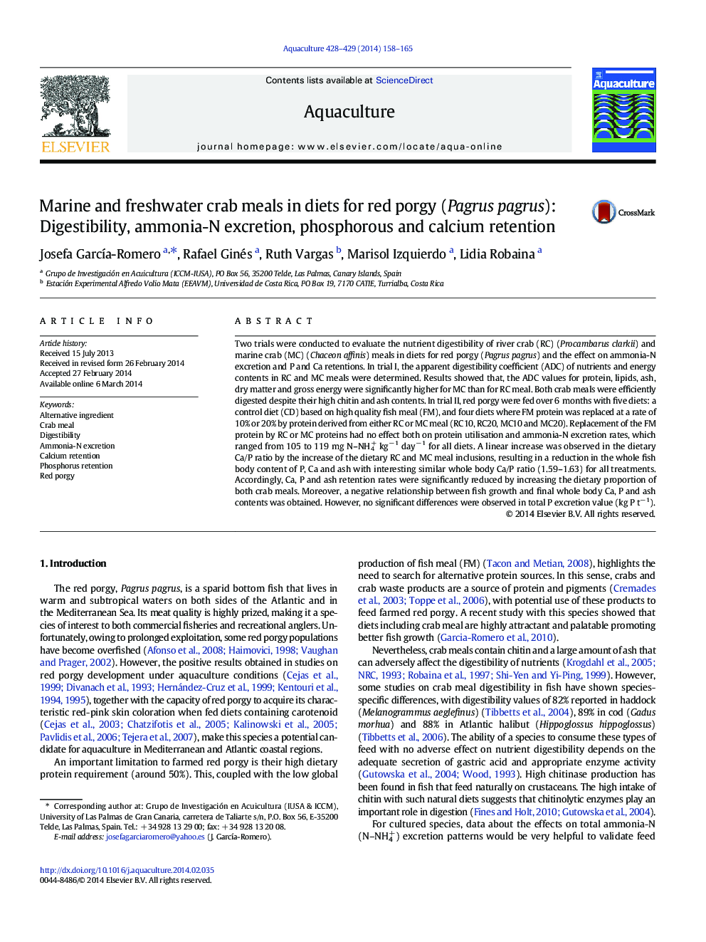 Marine and freshwater crab meals in diets for red porgy (Pagrus pagrus): Digestibility, ammonia-N excretion, phosphorous and calcium retention