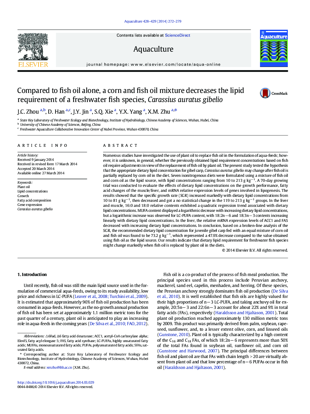 Compared to fish oil alone, a corn and fish oil mixture decreases the lipid requirement of a freshwater fish species, Carassius auratus gibelio