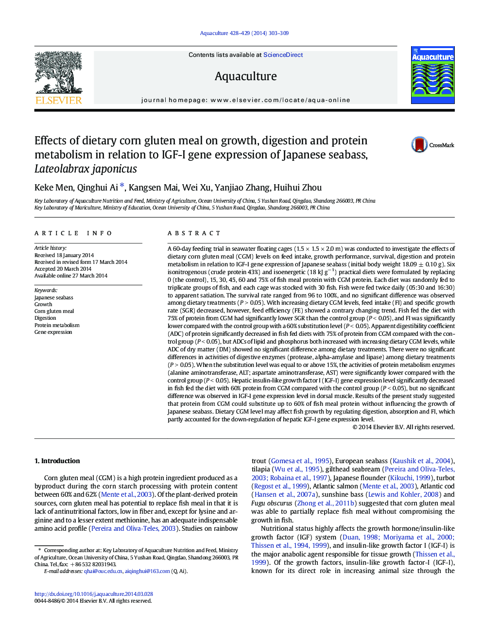 Effects of dietary corn gluten meal on growth, digestion and protein metabolism in relation to IGF-I gene expression of Japanese seabass, Lateolabrax japonicus