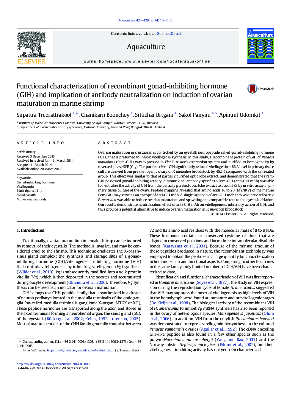 Functional characterization of recombinant gonad-inhibiting hormone (GIH) and implication of antibody neutralization on induction of ovarian maturation in marine shrimp