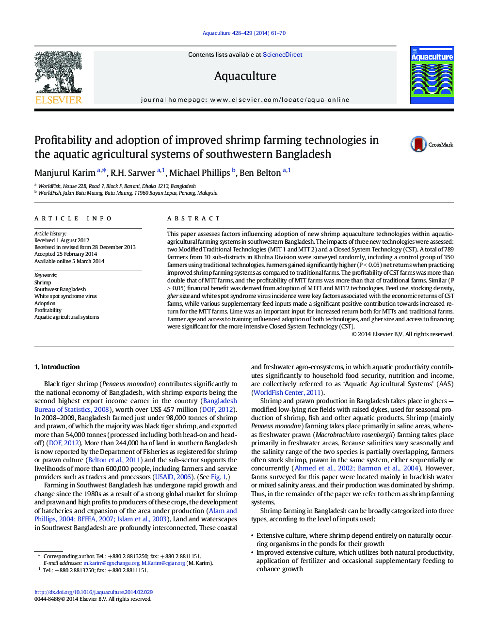 Profitability and adoption of improved shrimp farming technologies in the aquatic agricultural systems of southwestern Bangladesh