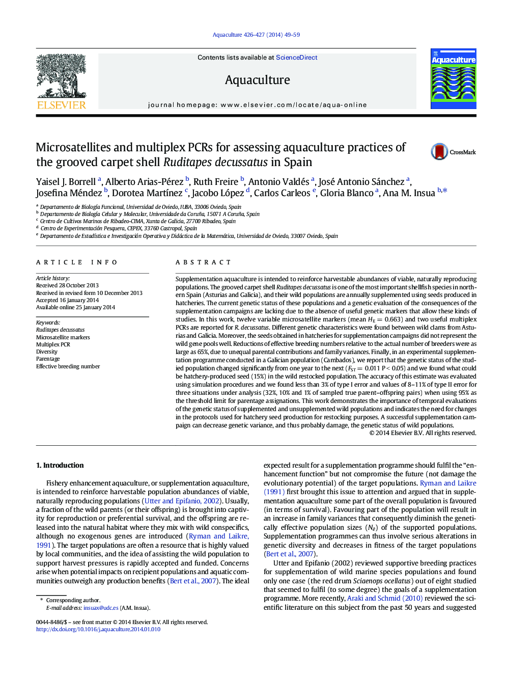 Microsatellites and multiplex PCRs for assessing aquaculture practices of the grooved carpet shell Ruditapes decussatus in Spain