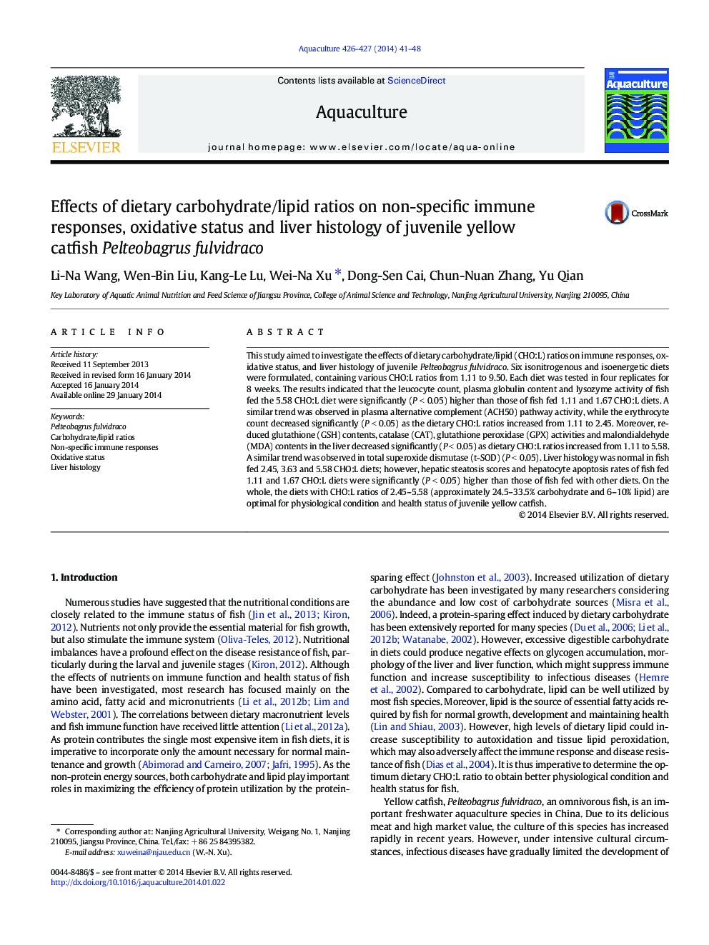 Effects of dietary carbohydrate/lipid ratios on non-specific immune responses, oxidative status and liver histology of juvenile yellow catfish Pelteobagrus fulvidraco