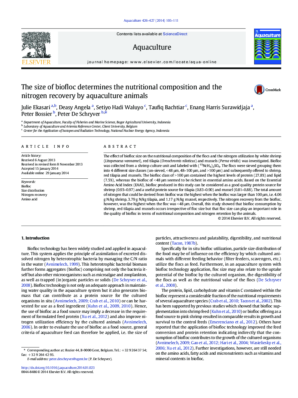 The size of biofloc determines the nutritional composition and the nitrogen recovery by aquaculture animals