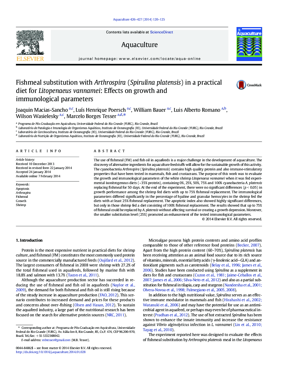 Fishmeal substitution with Arthrospira (Spirulina platensis) in a practical diet for Litopenaeus vannamei: Effects on growth and immunological parameters