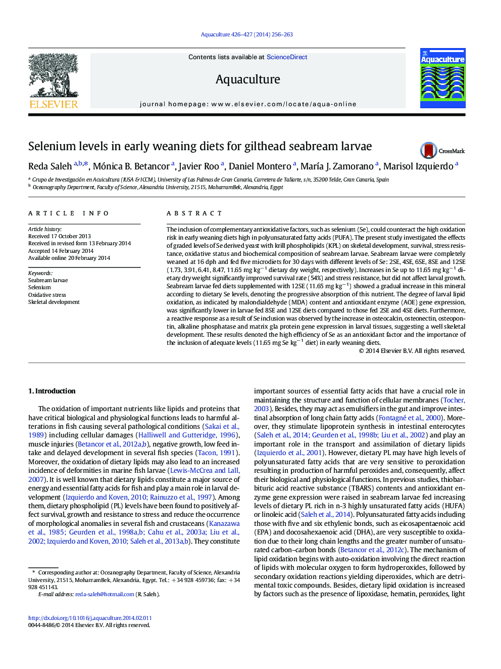 Selenium levels in early weaning diets for gilthead seabream larvae