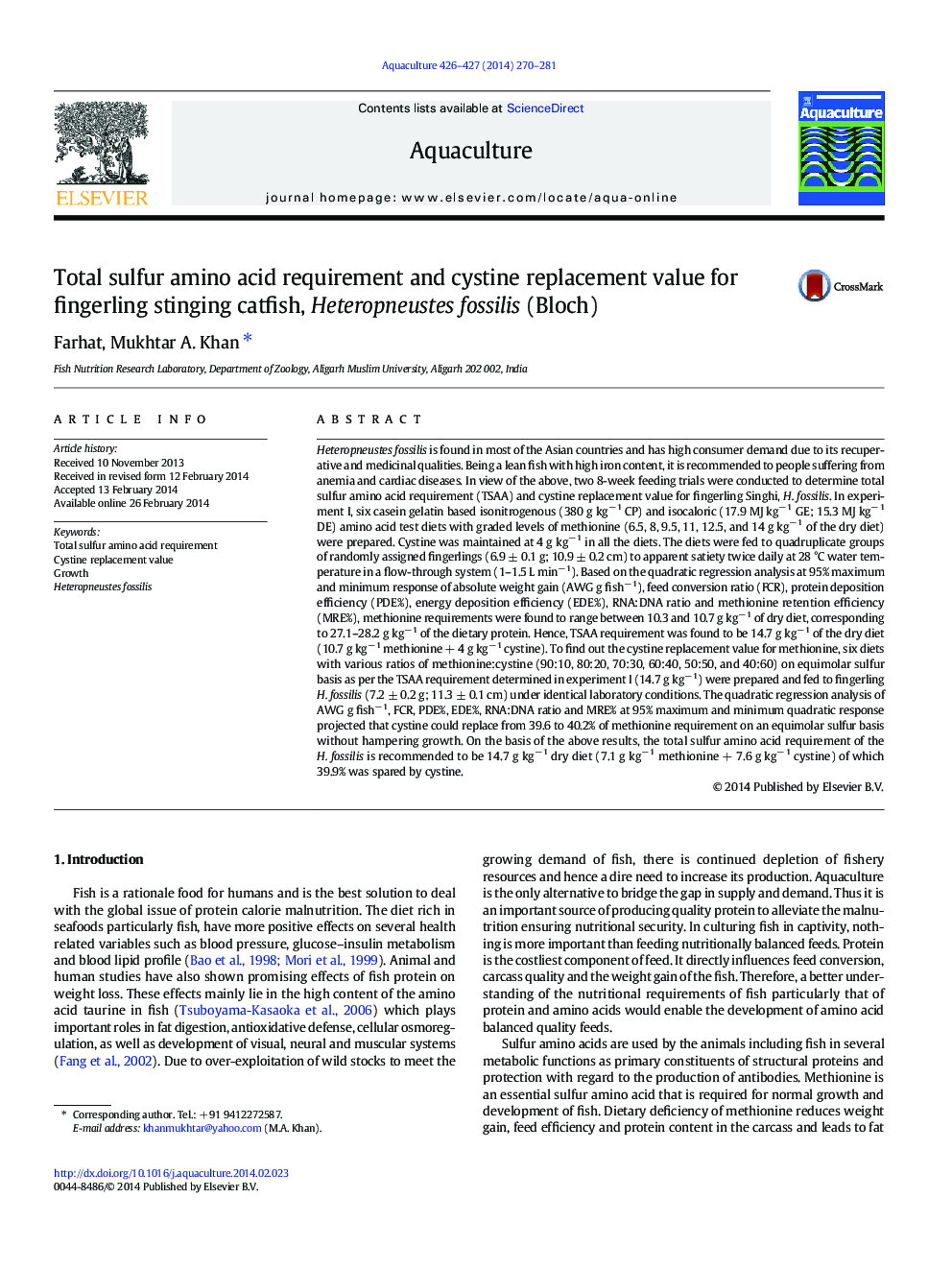 Total sulfur amino acid requirement and cystine replacement value for fingerling stinging catfish, Heteropneustes fossilis (Bloch)