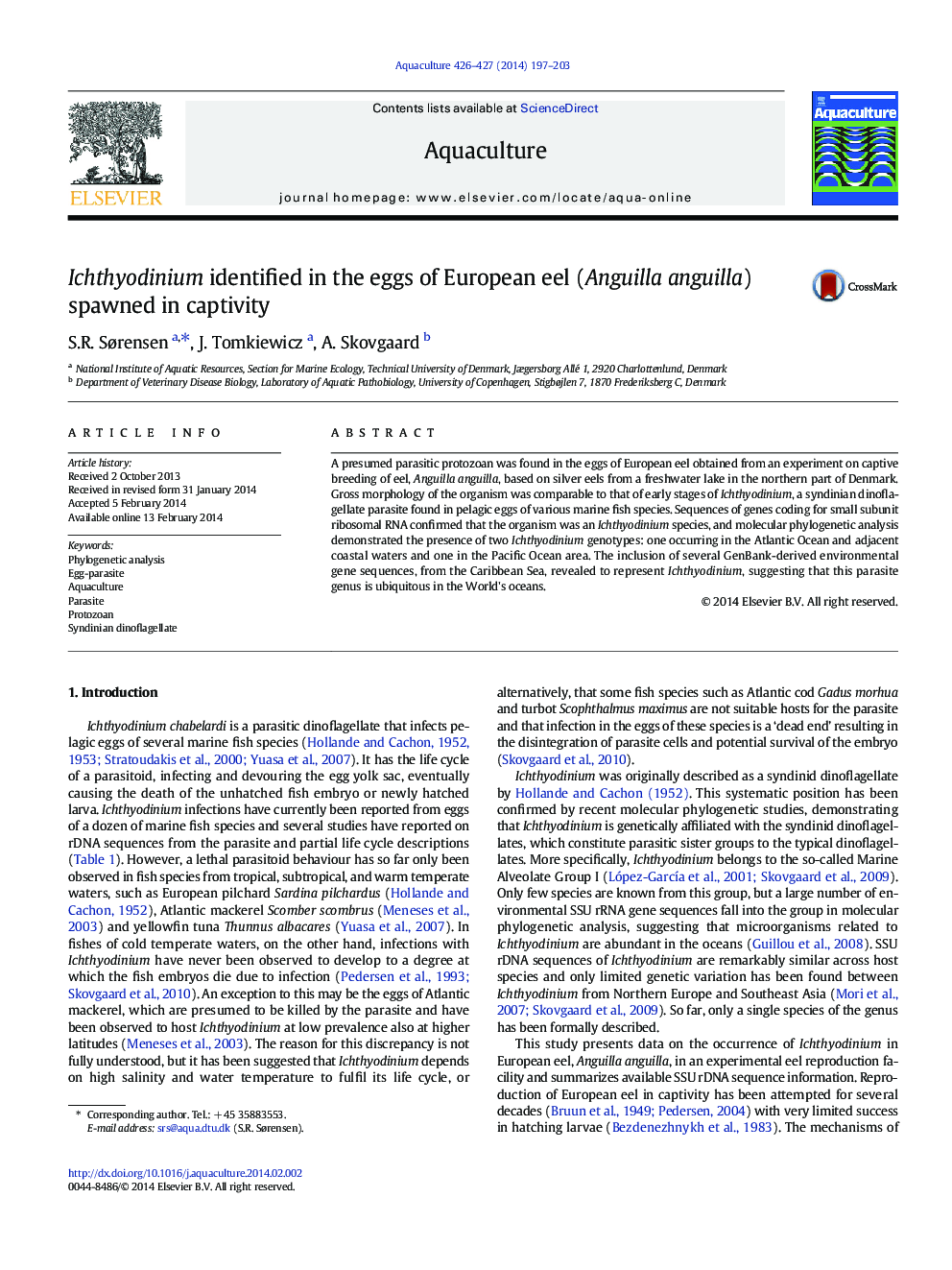 Ichthyodinium identified in the eggs of European eel (Anguilla anguilla) spawned in captivity