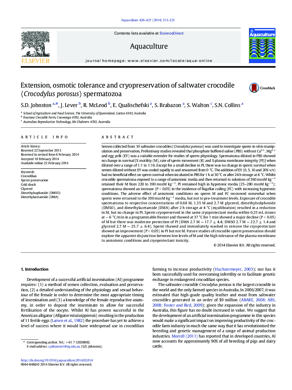 Extension, osmotic tolerance and cryopreservation of saltwater crocodile (Crocodylus porosus) spermatozoa