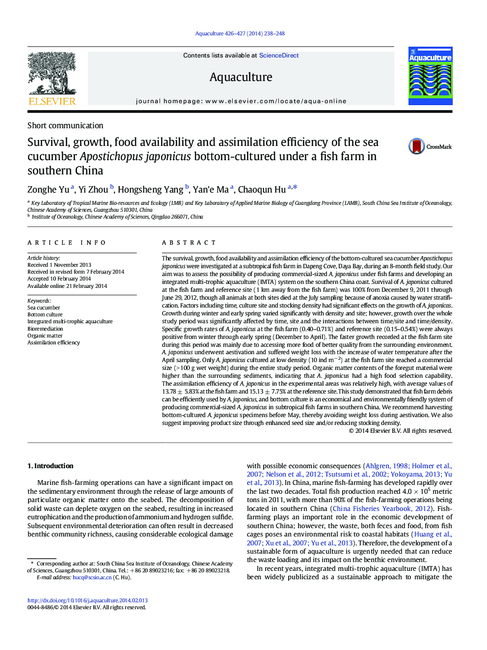 Survival, growth, food availability and assimilation efficiency of the sea cucumber Apostichopus japonicus bottom-cultured under a fish farm in southern China
