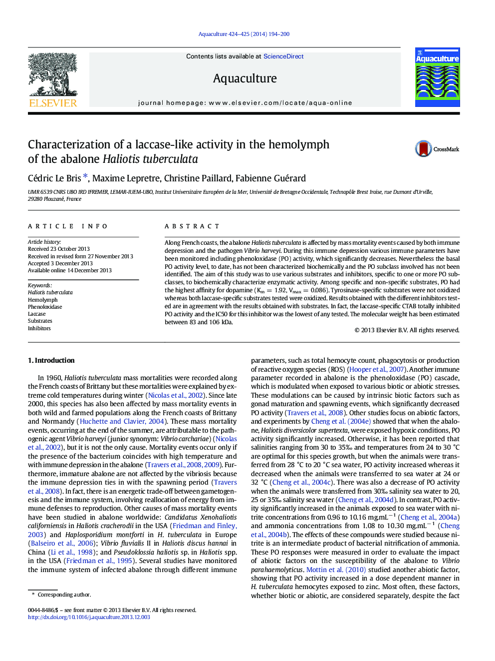 Characterization of a laccase-like activity in the hemolymph of the abalone Haliotis tuberculata