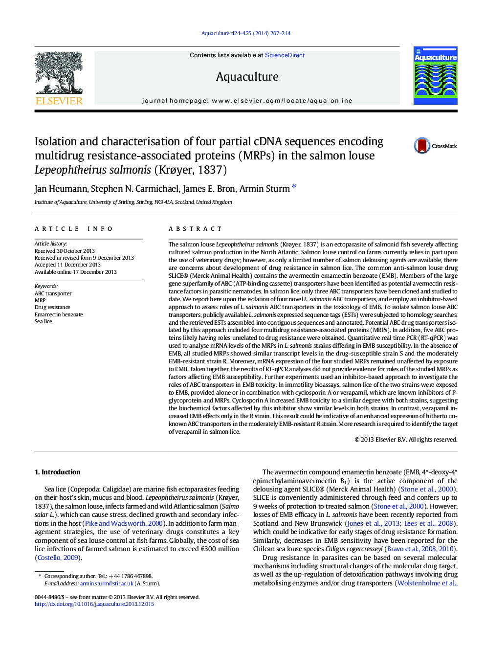 Isolation and characterisation of four partial cDNA sequences encoding multidrug resistance-associated proteins (MRPs) in the salmon louse Lepeophtheirus salmonis (KrÃ¸yer, 1837)