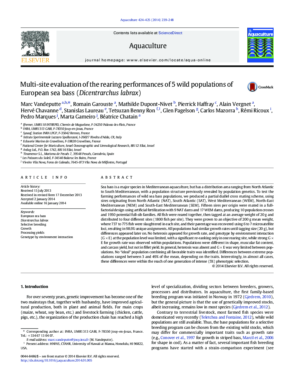 Multi-site evaluation of the rearing performances of 5 wild populations of European sea bass (Dicentrarchus labrax)