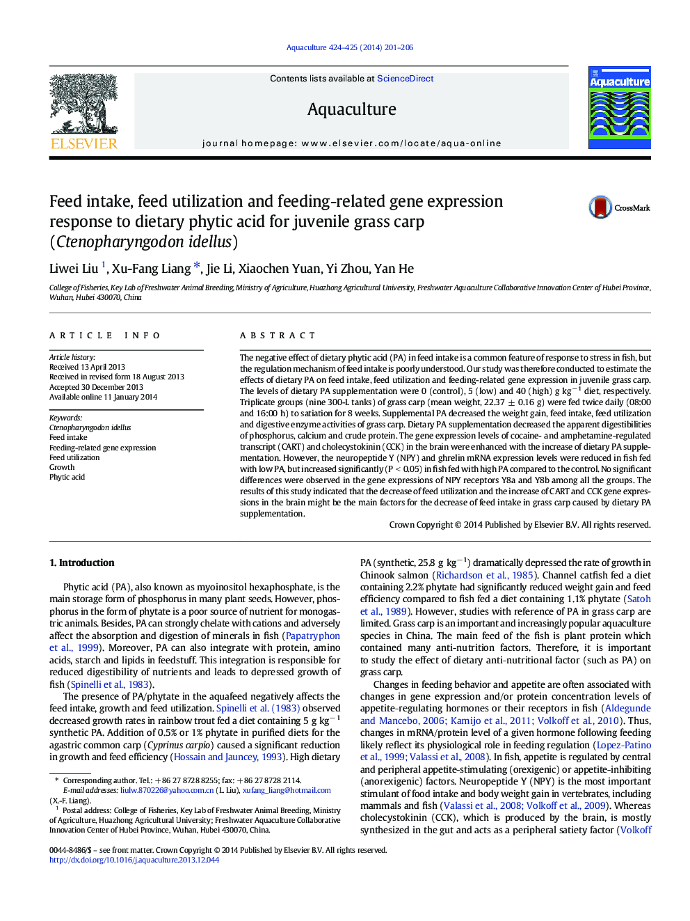 Feed intake, feed utilization and feeding-related gene expression response to dietary phytic acid for juvenile grass carp (Ctenopharyngodon idellus)