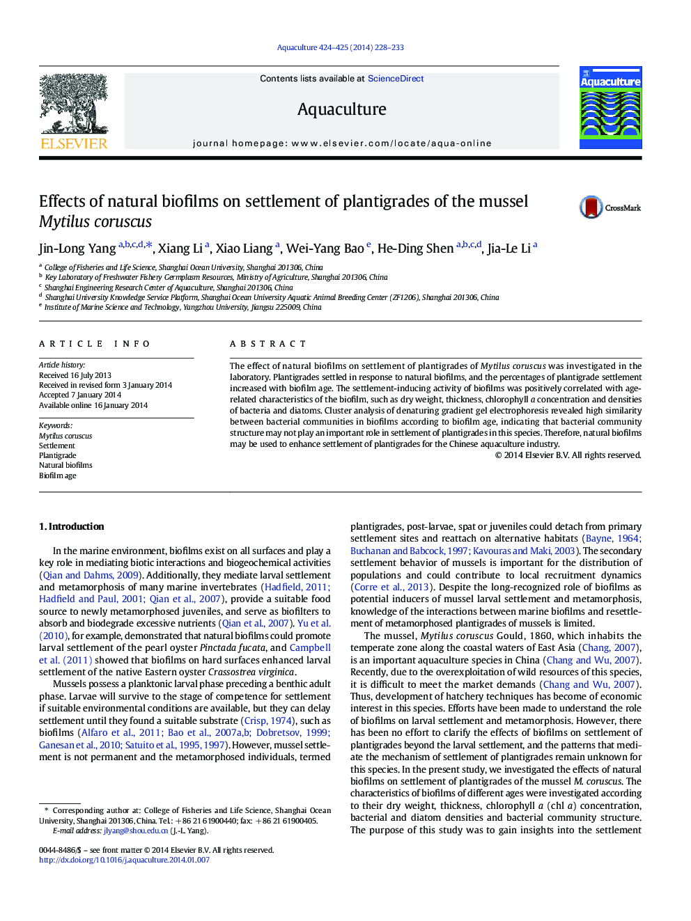 Effects of natural biofilms on settlement of plantigrades of the mussel Mytilus coruscus