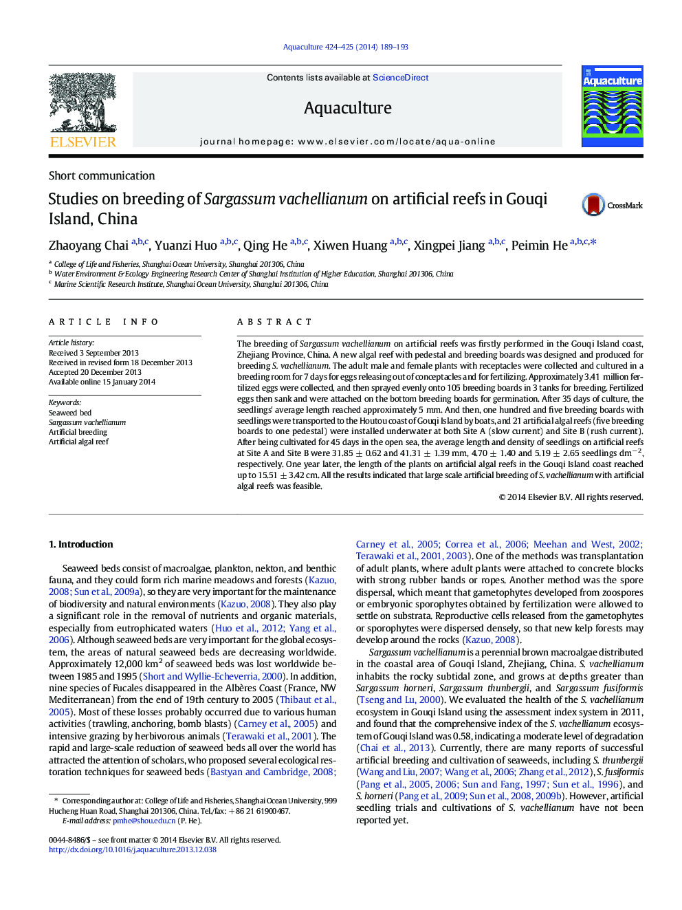 Studies on breeding of Sargassum vachellianum on artificial reefs in Gouqi Island, China