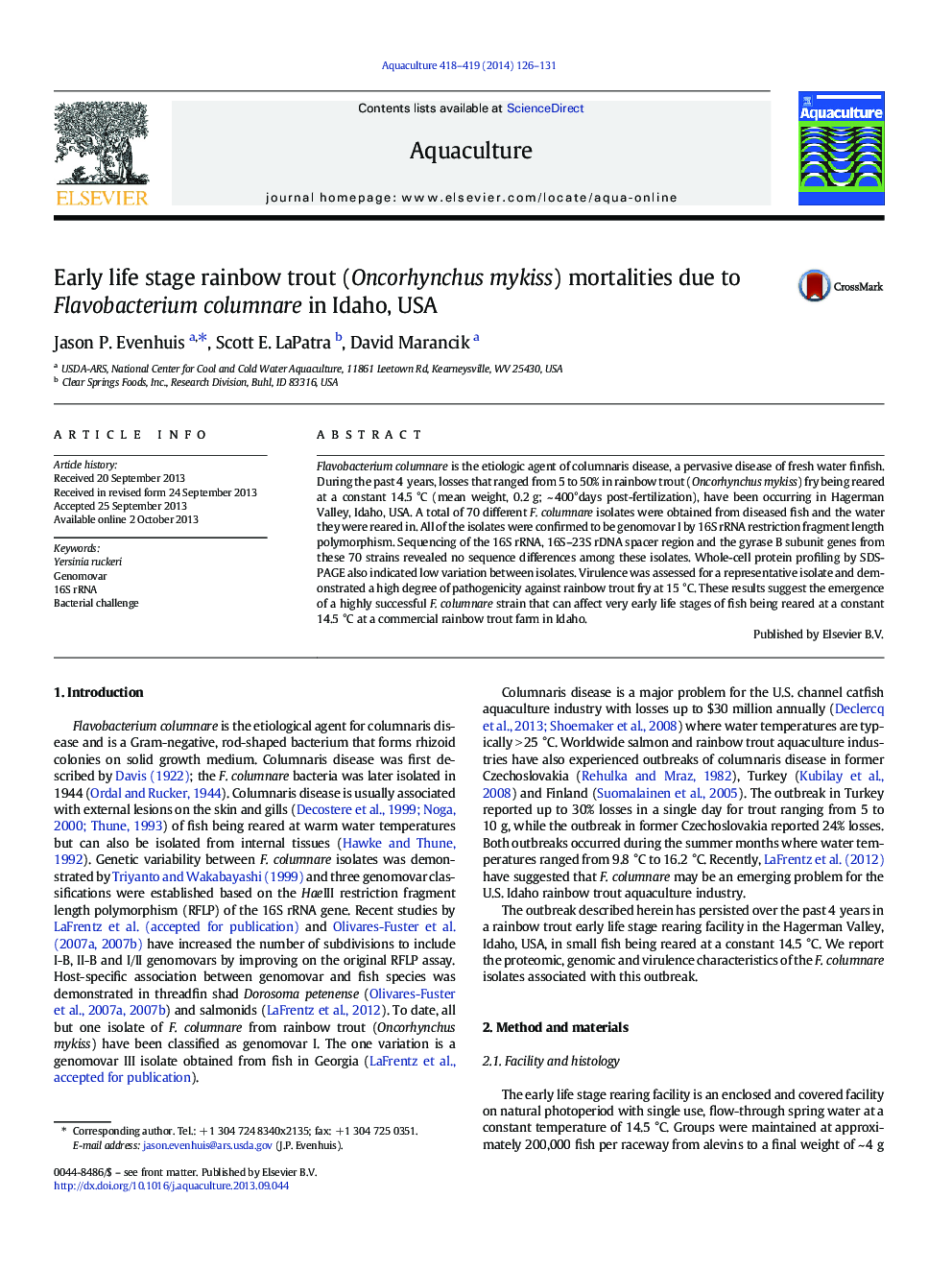 Early life stage rainbow trout (Oncorhynchus mykiss) mortalities due to Flavobacterium columnare in Idaho, USA