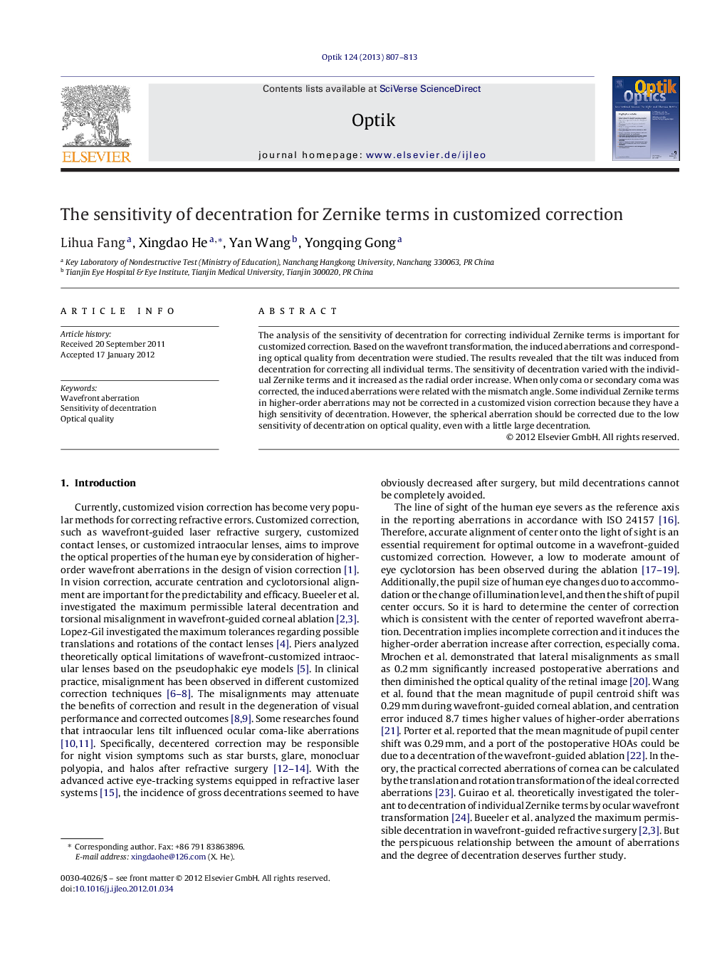 The sensitivity of decentration for Zernike terms in customized correction