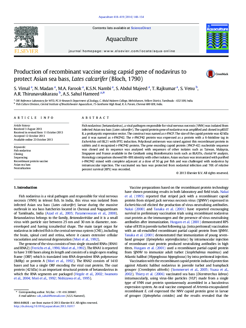 Production of recombinant vaccine using capsid gene of nodavirus to protect Asian sea bass, Lates calcarifer (Bloch, 1790)