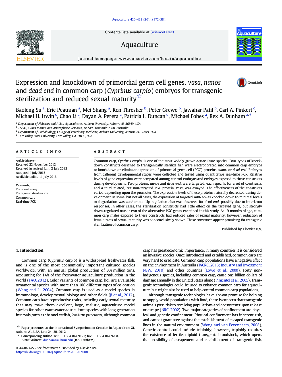 Expression and knockdown of primordial germ cell genes, vasa, nanos and dead end in common carp (Cyprinus carpio) embryos for transgenic sterilization and reduced sexual maturity