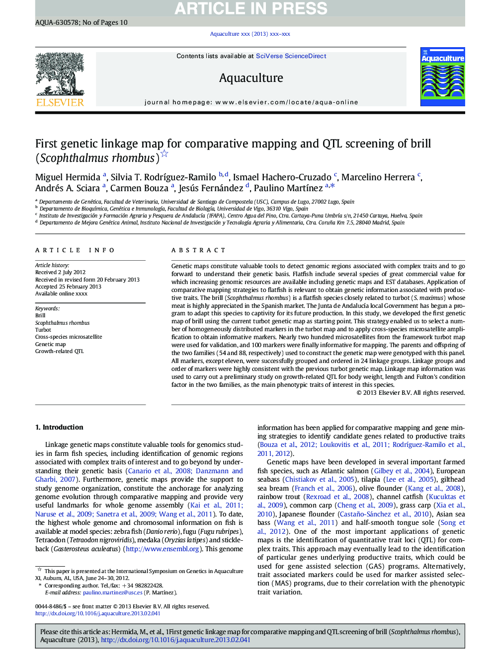 First genetic linkage map for comparative mapping and QTL screening of brill (Scophthalmus rhombus)