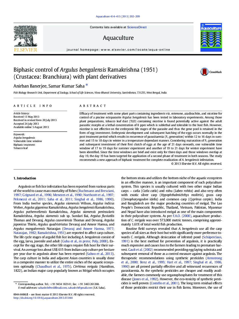 Biphasic control of Argulus bengalensis Ramakrishna (1951) (Crustacea: Branchiura) with plant derivatives