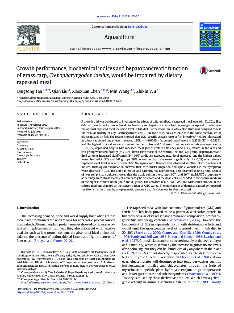 Growth performance, biochemical indices and hepatopancreatic function of grass carp, Ctenopharyngodon idellus, would be impaired by dietary rapeseed meal