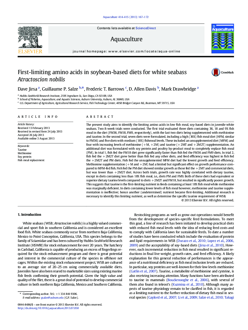 First-limiting amino acids in soybean-based diets for white seabass Atractoscion nobilis