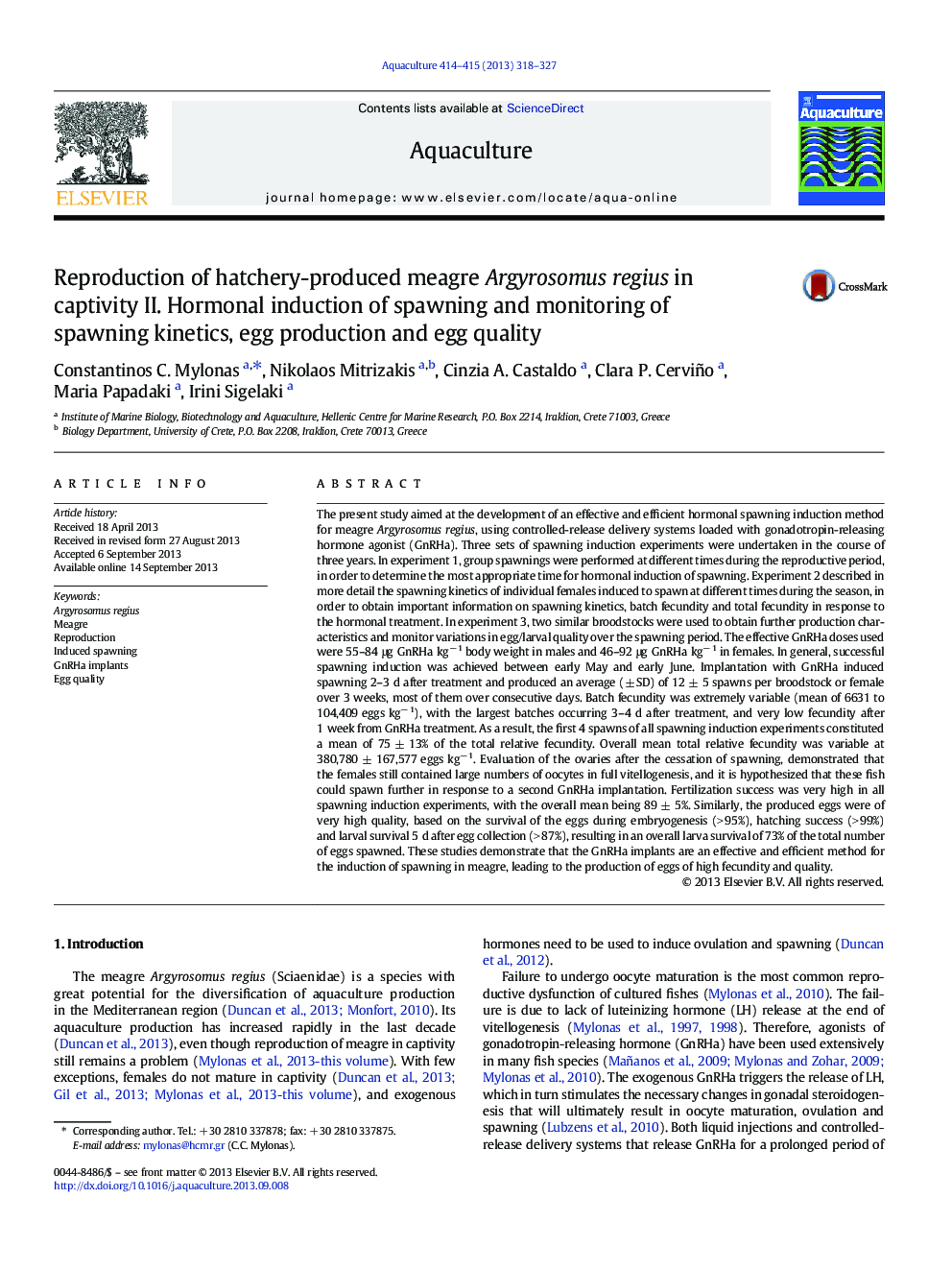 Reproduction of hatchery-produced meagre Argyrosomus regius in captivity II. Hormonal induction of spawning and monitoring of spawning kinetics, egg production and egg quality