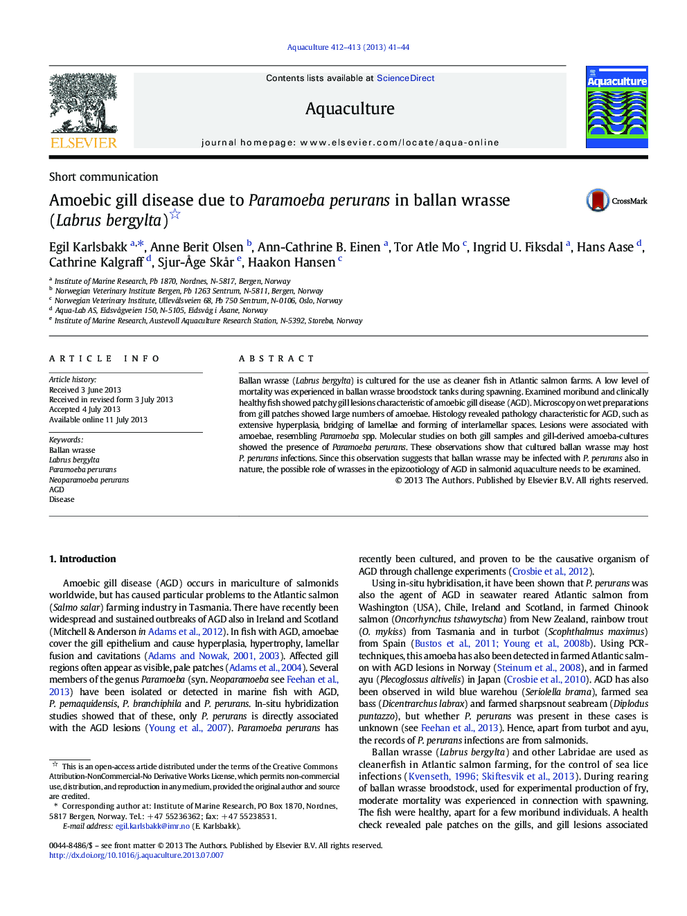 Amoebic gill disease due to Paramoeba perurans in ballan wrasse (Labrus bergylta)